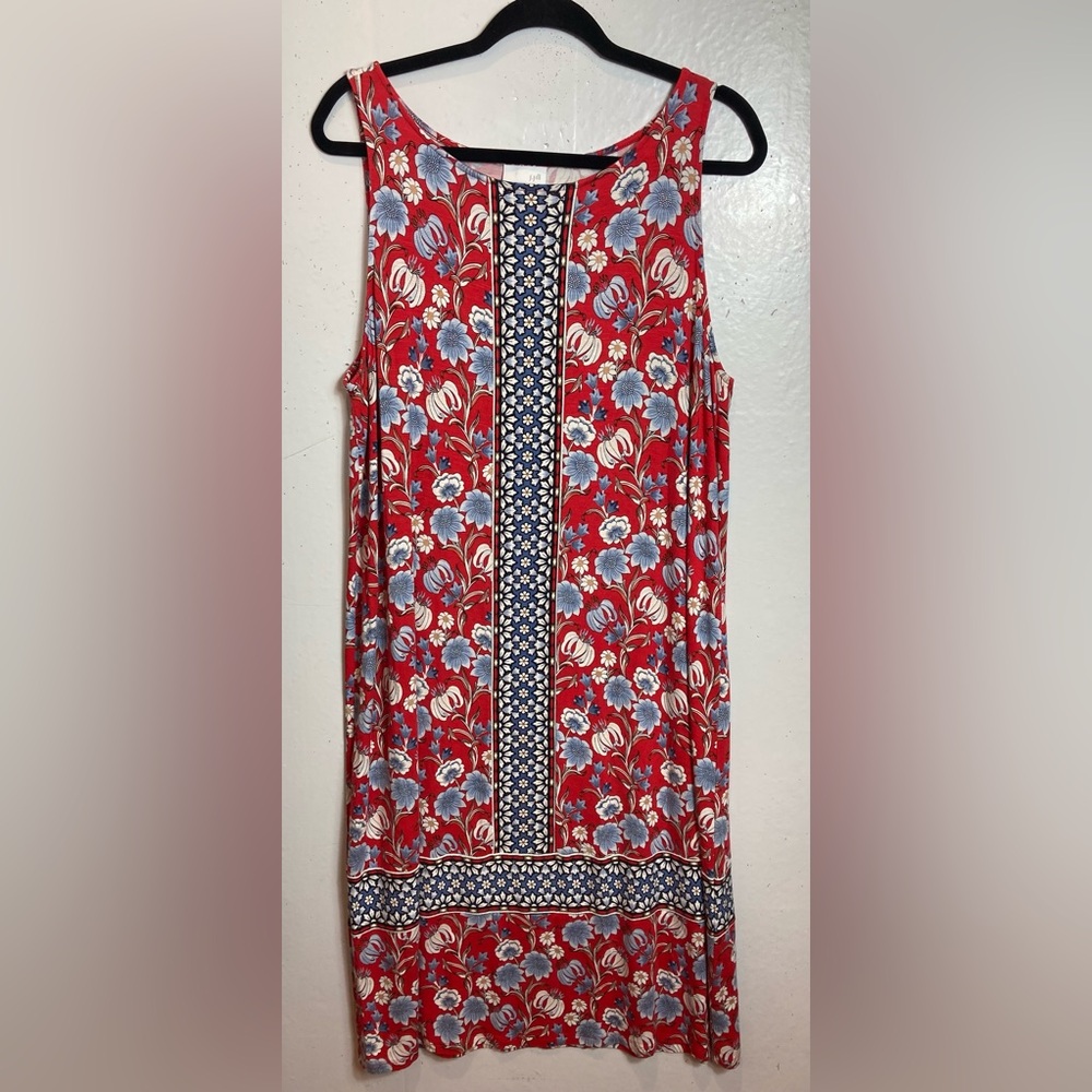 J Jill Dress Size L Red Blue Floral Midi Stretch Knit Boho Sleeveless Cottage